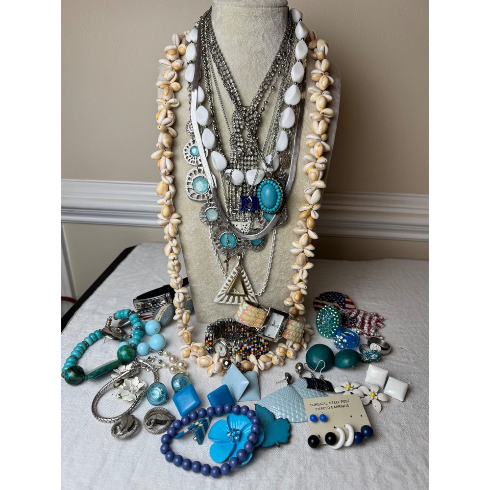 Blue Costume Jewelry Lot Vintage to Now Dress Up Play Western Boho Mixed Bundle
